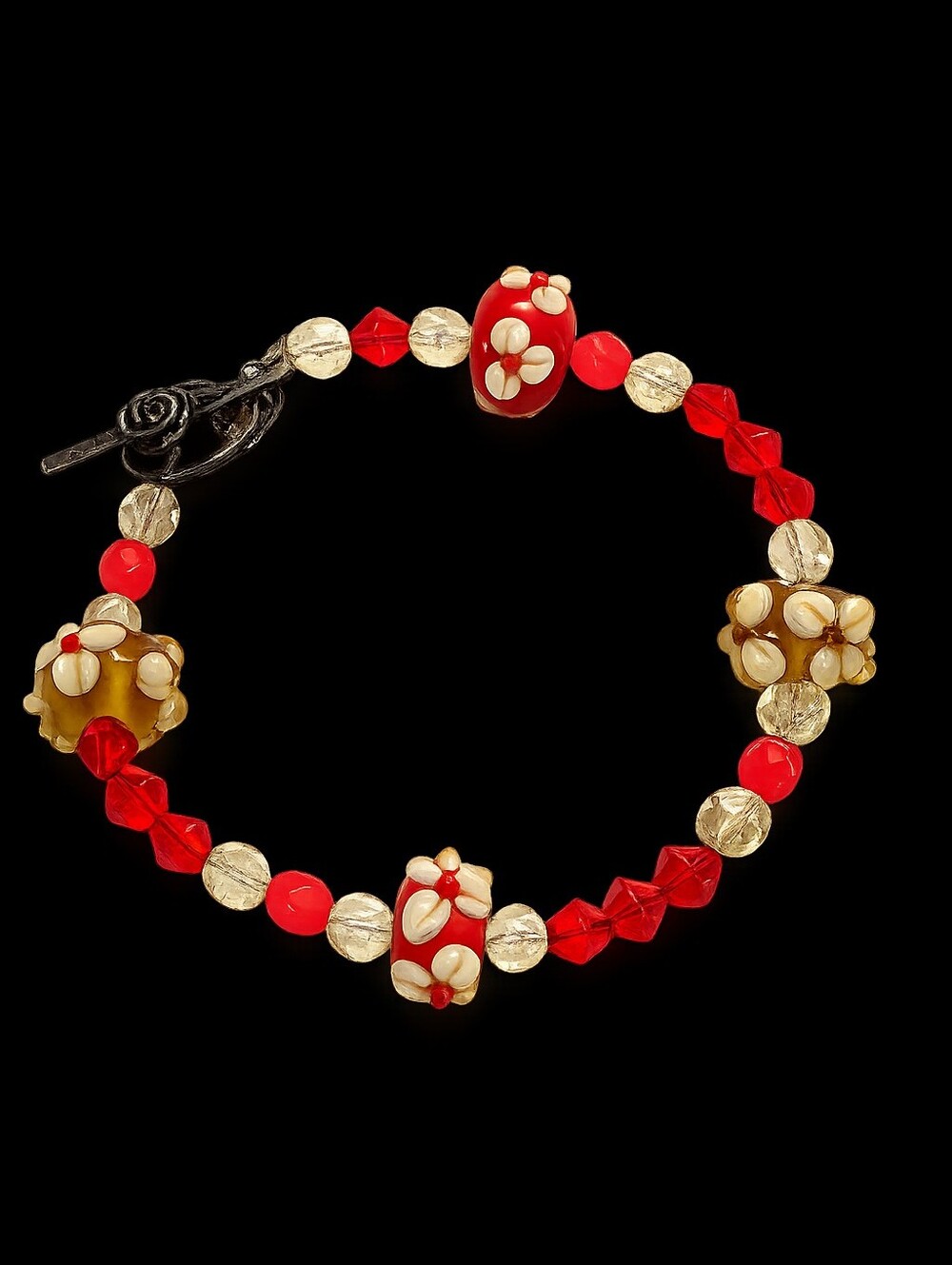 Vintage Artisan Lampwork Floral Beaded Bracelet 925 Sterling Silver Toggle Clasp